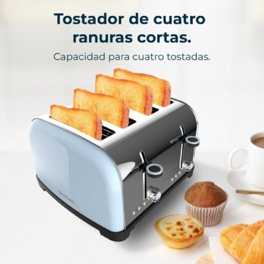 Cecotec Toastin' time 1700 Double Blue Tostadora 4 Rebanadas Cortas y Soporte de Panecillos Azul