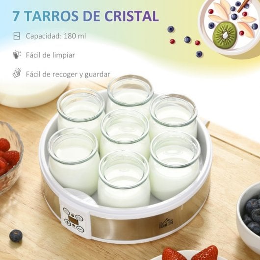 Homcom Yogurtera 20w 1,26l Con 7 Tarros De Cristal De 180 Ml 24x24x13 Cm Blanco
