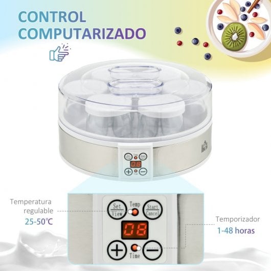 Homcom Yogurtera 20w 1,26l Con 7 Tarros De Cristal De 180 Ml 24x24x13 Cm Blanco