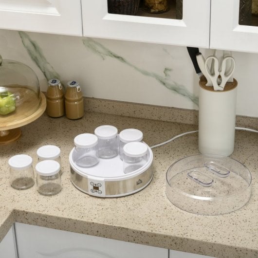 Homcom Yogurtera 20w 1,26l Con 7 Tarros De Cristal De 180 Ml 24x24x13 Cm Blanco