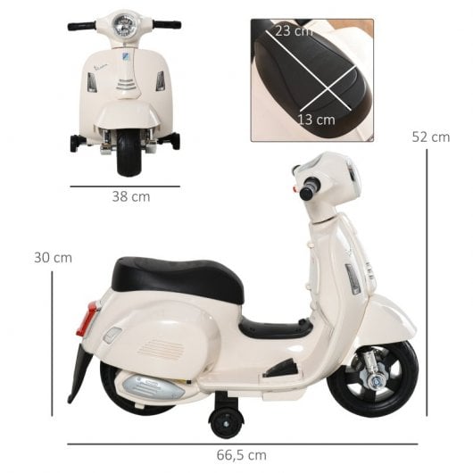 Homcom Moto Eléctrica Vespa Niño+18 Meses Faro Bocina Ruedas 66,5x38x52cm Blanco