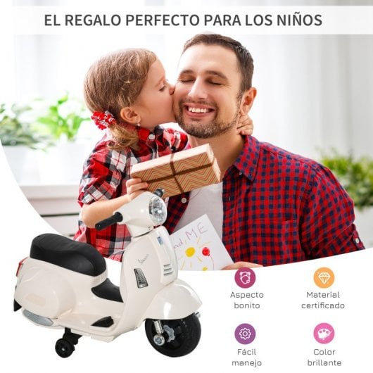 Homcom Moto Eléctrica Vespa Niño+18 Meses Faro Bocina Ruedas 66,5x38x52cm Blanco