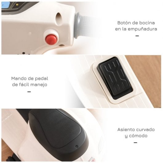 Homcom Moto Eléctrica Vespa Niño+18 Meses Faro Bocina Ruedas 66,5x38x52cm Blanco
