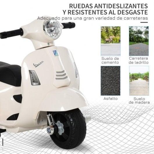 Homcom Moto Eléctrica Vespa Niño+18 Meses Faro Bocina Ruedas 66,5x38x52cm Blanco
