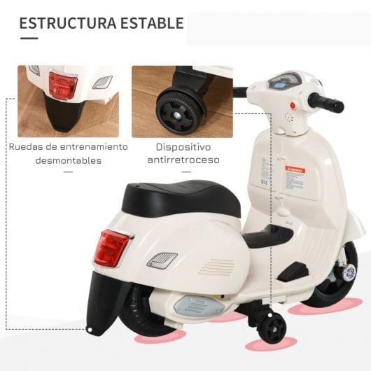 Homcom Moto Eléctrica Vespa Niño+18 Meses Faro Bocina Ruedas 66,5x38x52cm Blanco