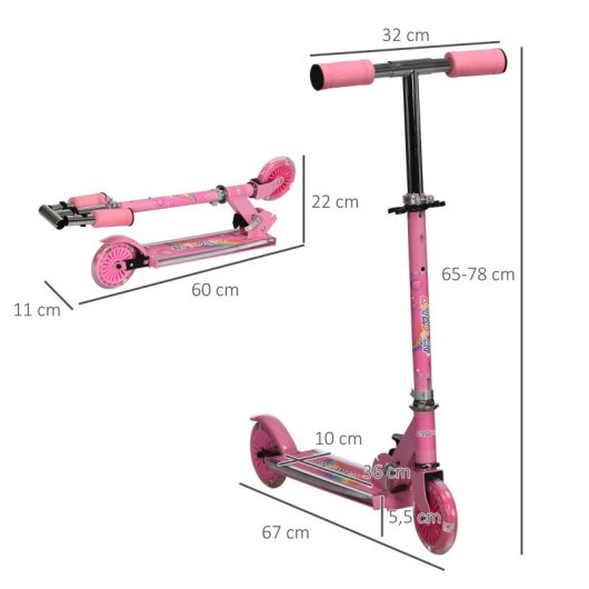 Scooter infantil dobrável Homcom com luzes música 67x32x65-78 cm rosa