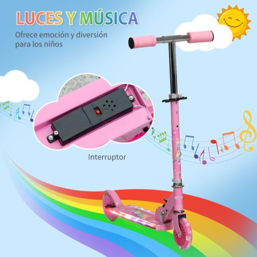 Homcom Patinete Para Niños Plegable Con Luces Música 67x32x65-78 Cm Rosa