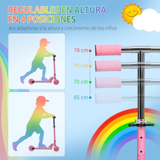Scooter infantil dobrável Homcom com luzes música 67x32x65-78 cm rosa