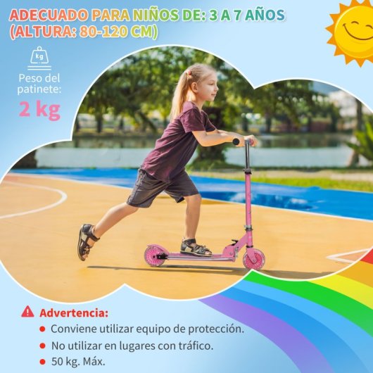 Scooter infantil dobrável Homcom com luzes música 67x32x65-78 cm rosa