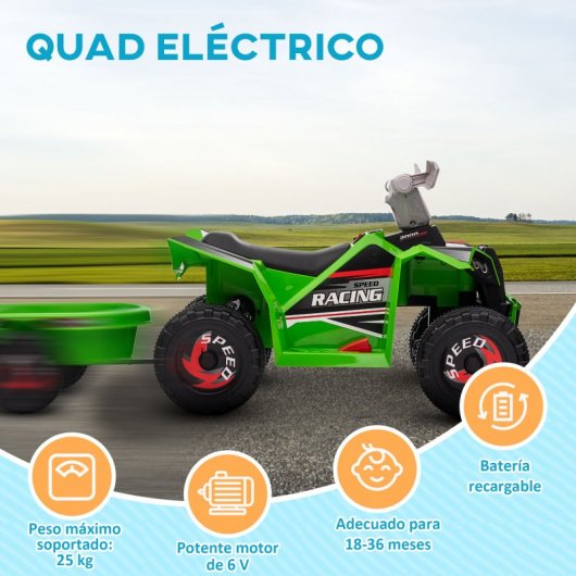 Homcom Quad Eléctrico Para Niños Con Remolque 106x41,5x48,5 Cm Verde