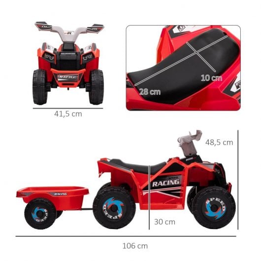 Homcom Quad Eléctrico Para Niños Con Remolque 106x41,5x48,5 Cm Rojo