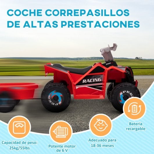 Homcom Quad Eléctrico Para Niños Con Remolque 106x41,5x48,5 Cm Rojo