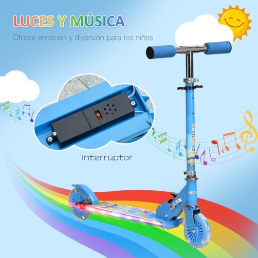 Homcom Patinete Para Niños Plegable Con Luces Música 67x32x65-78 Cm Azul