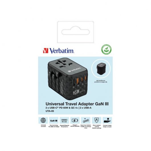 Verbatim UTA-05 Universaladapter 65 W mit Schnellladung, Schwarz