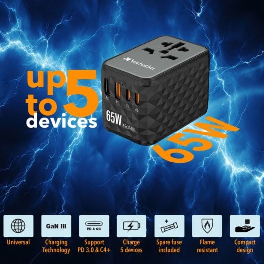 Verbatim UTA-05 Universaladapter 65 W mit Schnellladung, Schwarz