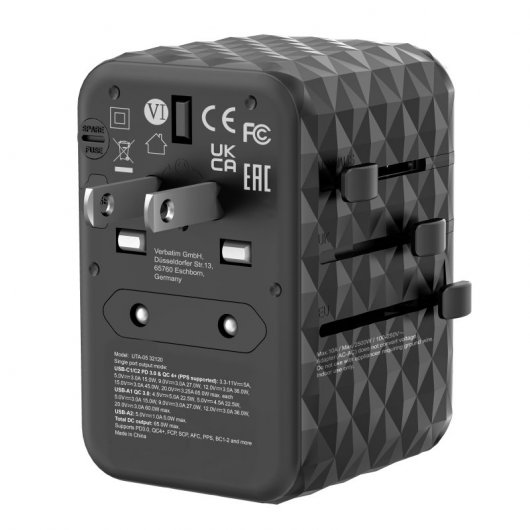 Verbatim UTA-05 Universaladapter 65 W mit Schnellladung, Schwarz