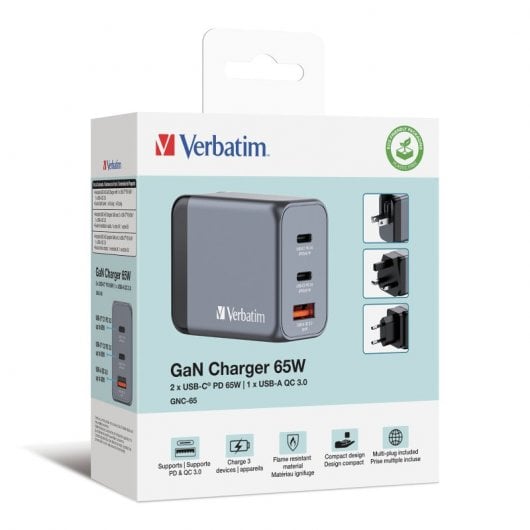 Verbatim GNC-65 Carregador GaN 65W Carga Rápida Cinzento