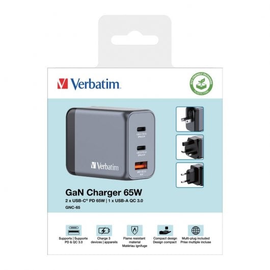 Verbatim GNC-65 Carregador GaN 65W Carga Rápida Cinzento