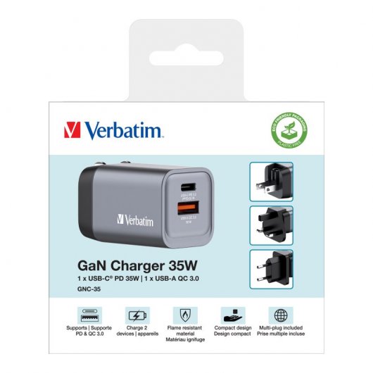 Verbatim GNC-35 Cargador GaN 35W Carga Rápida Gris