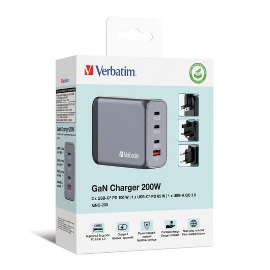 Verbatim GNC-200 Cargador GaN 200W Carga Rápida Gris