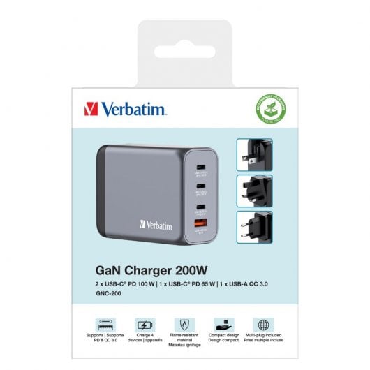Verbatim GNC-200 Cargador GaN 200W Carga Rápida Gris