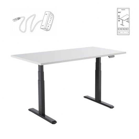 Bureau assis/debout motorisé Kimex 150x75cm, hauteur 62-128cm, plateau blanc/base noire, connecté