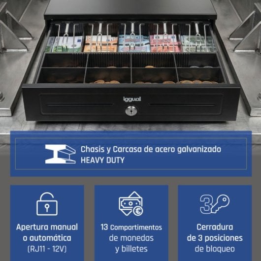 Kassalade Iggual IRON-HD 41cm 5 biljetten 8 munten zwart