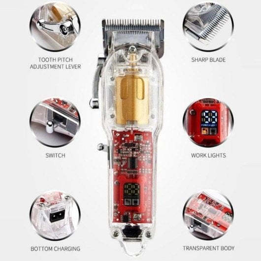 Máquina de Cortar Cabelo Profissional Klack Sem Fios 180min 4 Pentes Ajuste 0.2mm Corpo Transparente