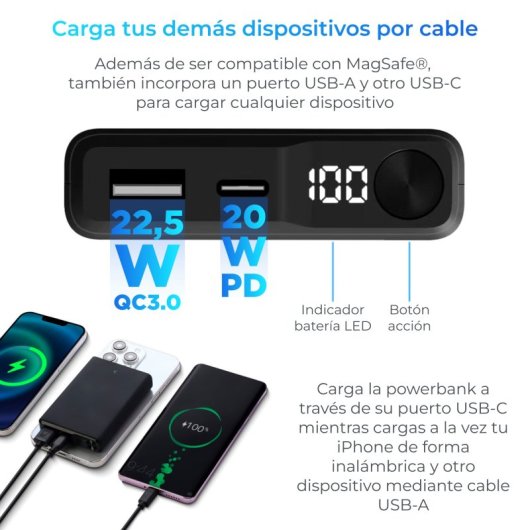Ksix 10.000 Mah Powerbank Magnética Compatible Magsafe PD 22.5 W Negra