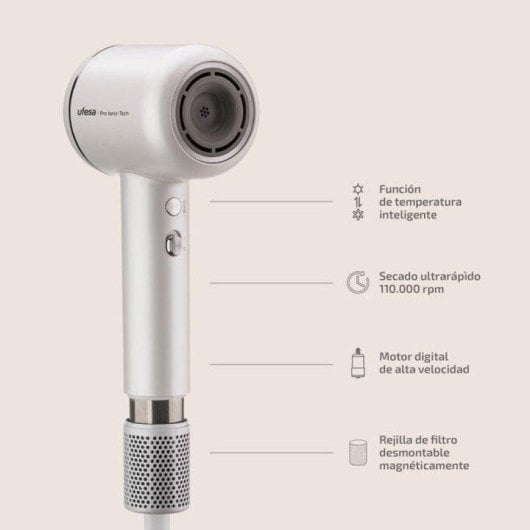 Ionen Föhn Ufesa Pro Ionic-Tech 1600W 3 Temperaturstufen 3 Geschwindigkeiten Digital Weiß