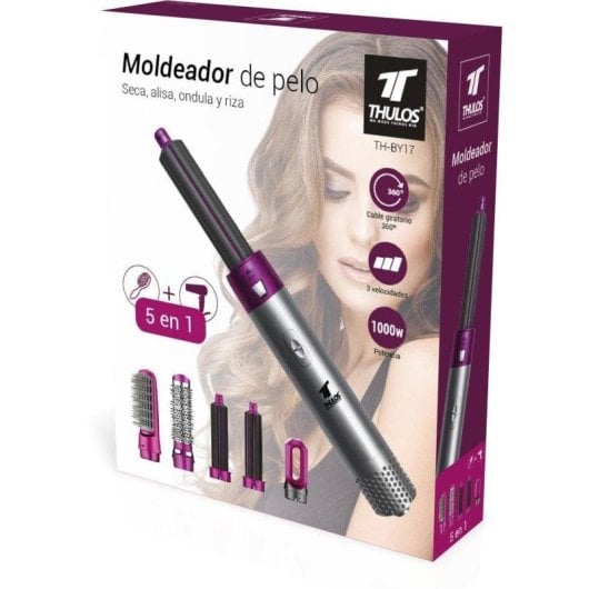 Brosse Soufflante Multifonction Thulos TH-BY17 1000W 3 Vitesses 5 Accessoires Rose