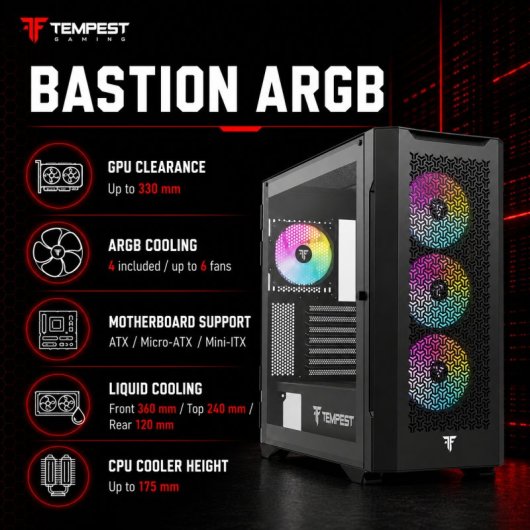 Tempest Bastion ARGB ATX Mesh Vidro Temperado USB 3.0 Preta