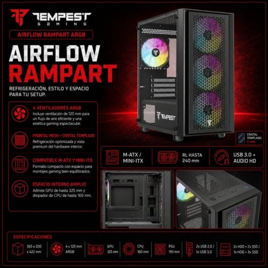 Tempest Rampart ARGB M-ATX Verre Trempé USB 3.0 Noir