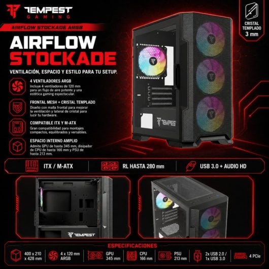 Tempest Stockade ARGB M-ATX Verre Trempé USB 3.0 Noir