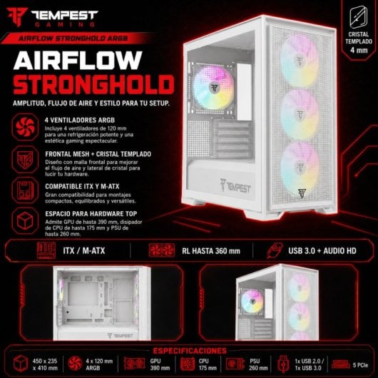 Tempest Stronghold ARGB M-ATX Cristal Templado USB 3.0 Blanca