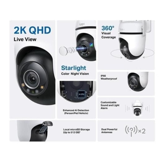 Caméra de surveillance TP-Link Tapo C520WS 2K Vision Nocturne Intérieur et Extérieur Détection IA Alarme Audio Bidirectionnel