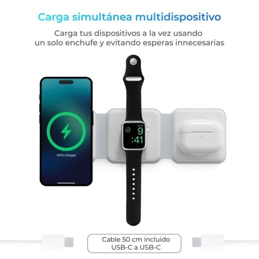 Ksix 3en1 Cargador Inalámbrico Plegable Carga Rápida 15W Blanco