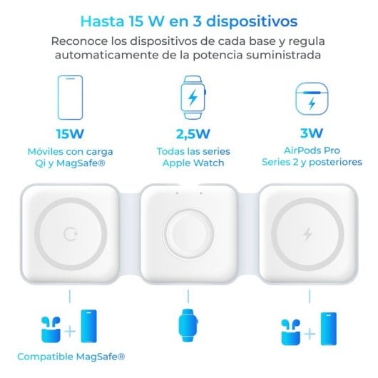 Ksix 3en1 Cargador Inalámbrico Plegable Carga Rápida 15W Blanco