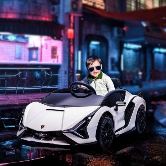 Homcom Coche Eléctrico Blanco 12V +3 Años Lamborghini Sian con Mando a Distancia