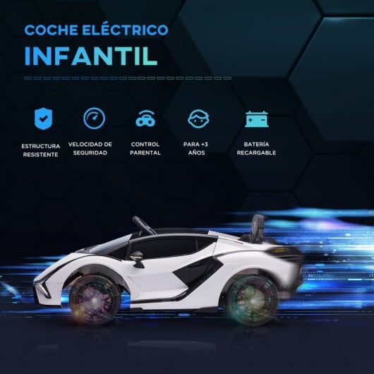 Homcom Coche Eléctrico Blanco 12V +3 Años Lamborghini Sian con Mando a Distancia