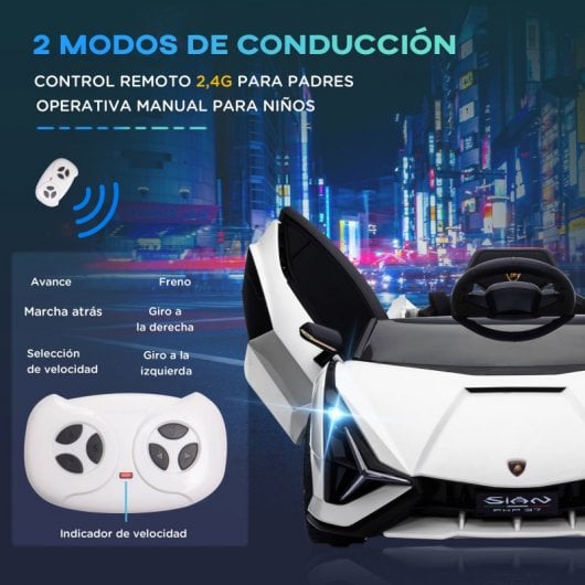 Homcom Coche Eléctrico Blanco 12V +3 Años Lamborghini Sian con Mando a Distancia