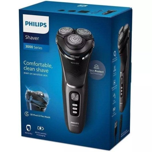Máquina de Barbear Facial Philips Shaver 3000 Series S3343/13 Recarregável 60min Seco e Molhado 3 Cabeças Flexíveis Carga Rápida