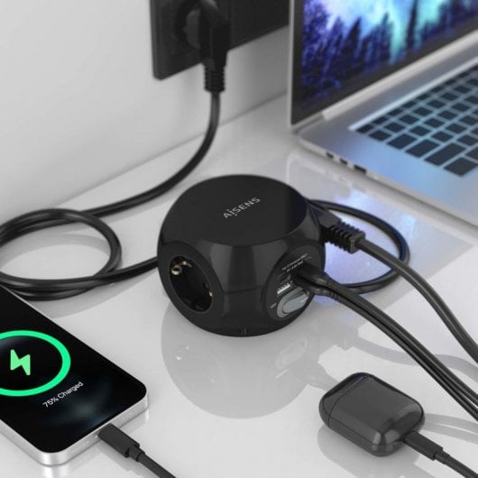 Aisens Regleta Sobremesa Multifuncion con 3 Tomas + 2xUSB-C/2xUSB-A 1.4m Negra