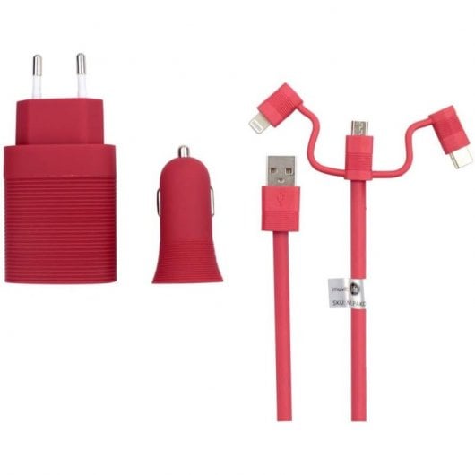 Carregador de carro Muvit Life Pack + carregador de parede + cabo 3 em 1 MicroUSB/USB-C/Lightning vermelho