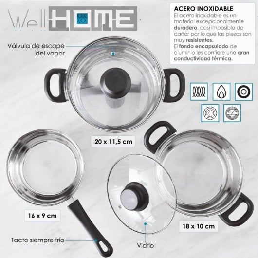Well Home Batería de Cocina 5 Piezas + Set 3 Sartenes de Aluminio Prensado 16/20/24cm