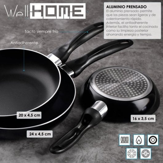 Well Home Batería de Cocina 5 Piezas + Set 3 Sartenes de Aluminio Prensado 16/20/24cm