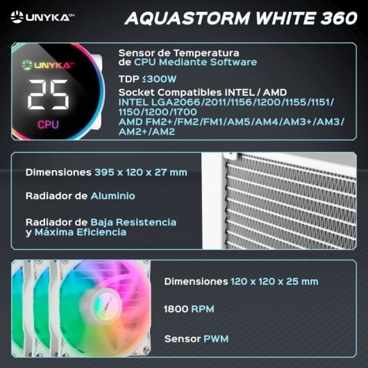 UNYKAch AquaStorm 360 RGB AIO Kit de Refrigeración Líquida Blanca