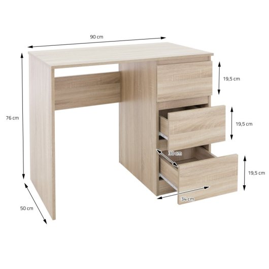 ML-Design Escritorio Con 3 Cajones 90x76x50cm Roble