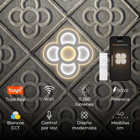 Plafon Ksix Barcelona Smartled, CCT, 40 cm, 11.387 Lm, 90 W, Tuya Smart App com assistentes de voz branco