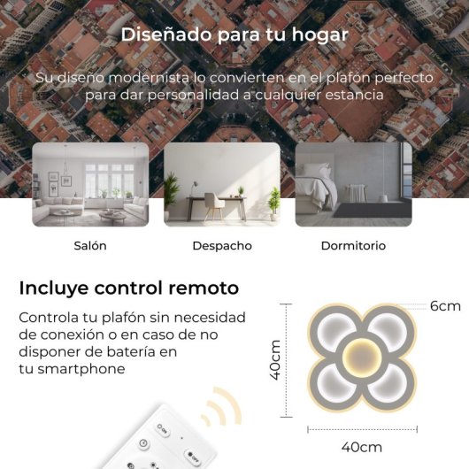 Plafon Ksix Barcelona Smartled, CCT, 40 cm, 11.387 Lm, 90 W, Tuya Smart App com assistentes de voz branco